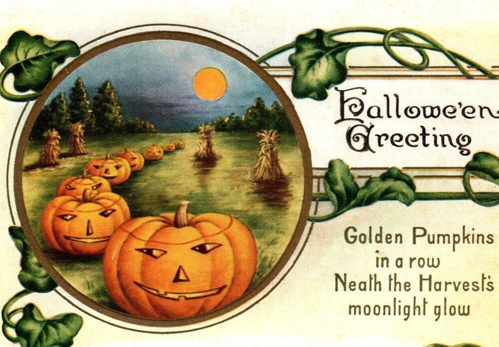 Halloween Postcard Whitney Golden Pumpkins In A Row Full Moon Glow Fantasy RARE